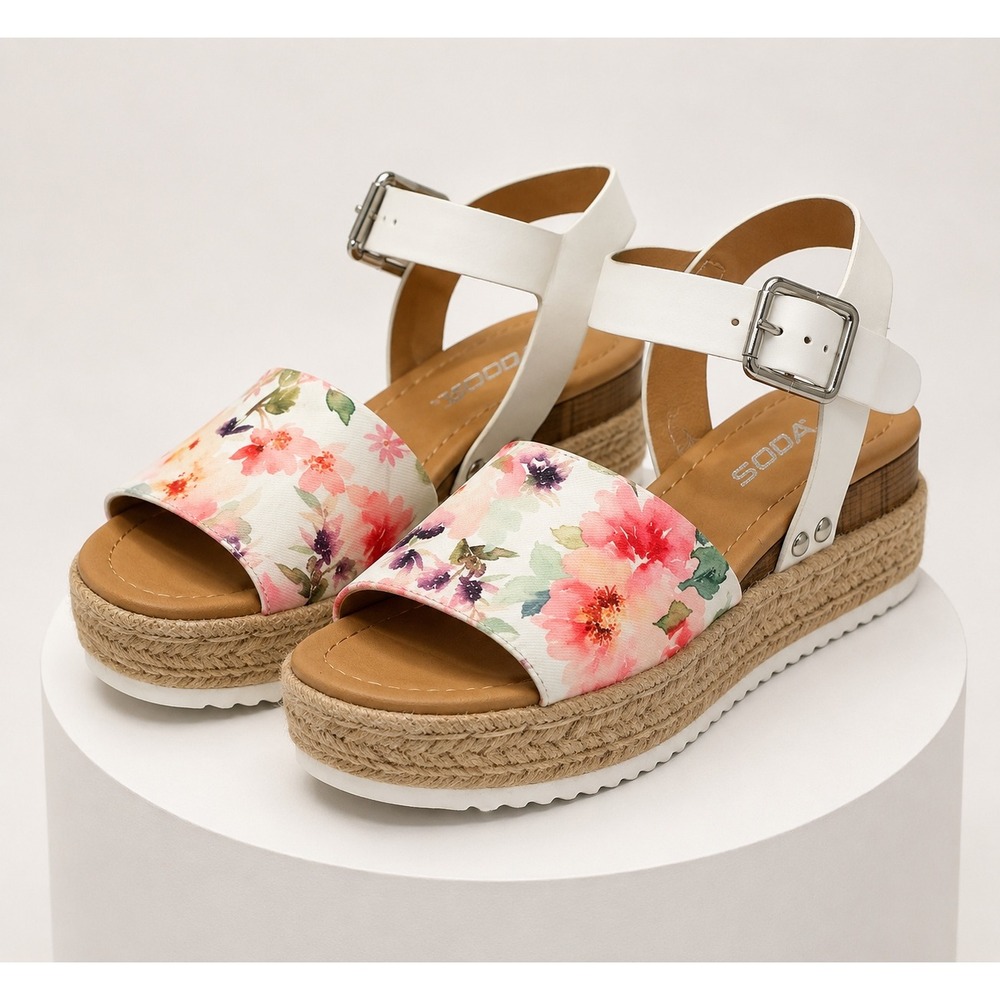 Soda Topic-S Womens Floral Espadrille Platform Wedge Sandals White Multi Size 7M